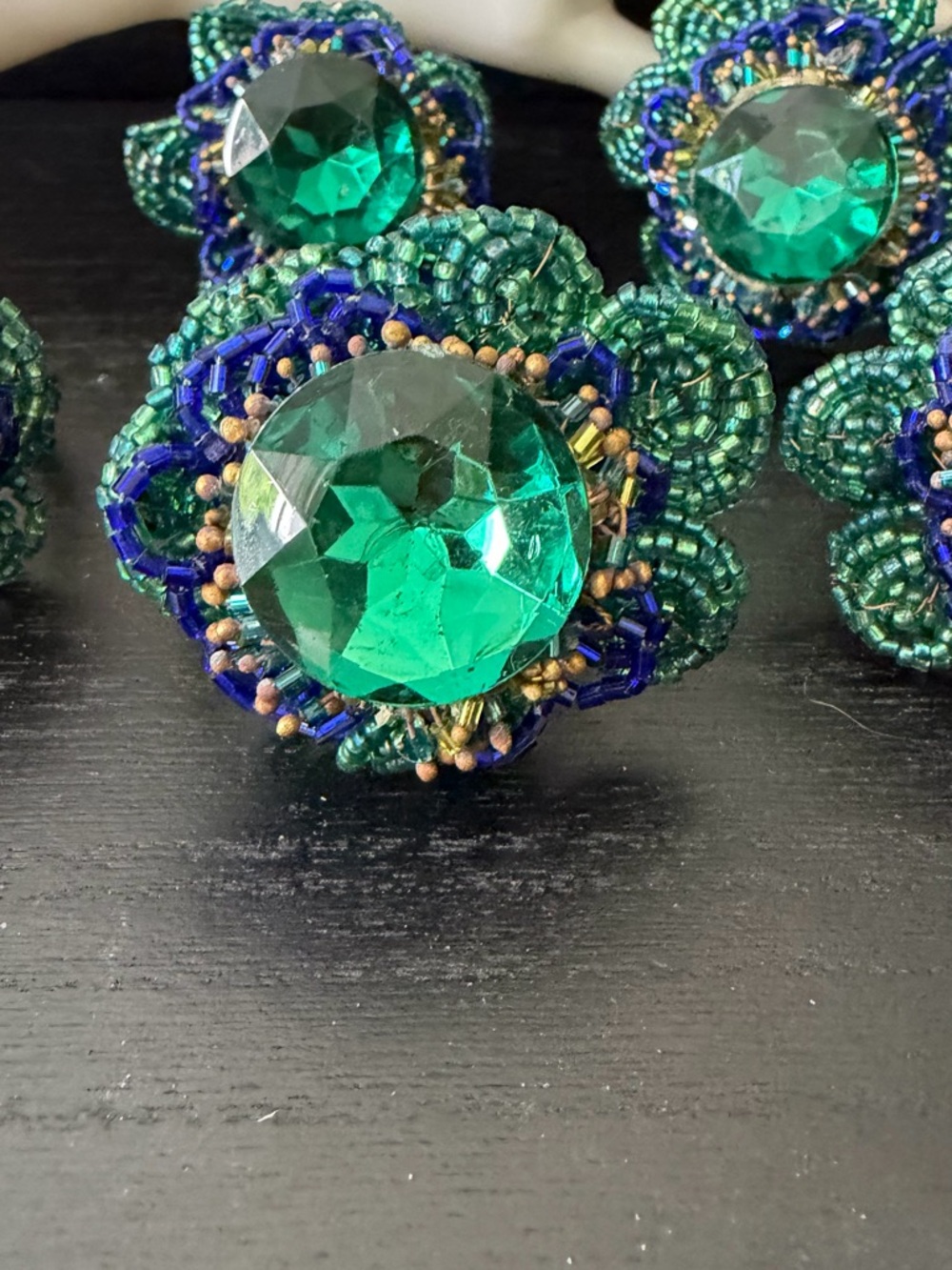 Green Crystal Beaded Flower Ring - napkin rings handmade